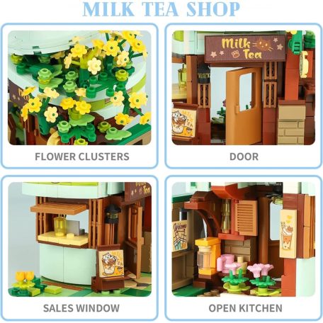 QMAN® K28007 Keeppley készségfejlesztő építőjáték lányoknak 411 db építőkocka - Ash macska Milk tea shopja