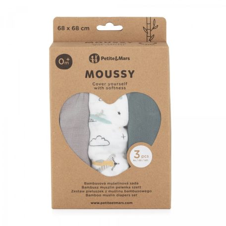 Bambusz muszlin 3db-os pelenka 68 x 68 cm - Moussy Grey Planes