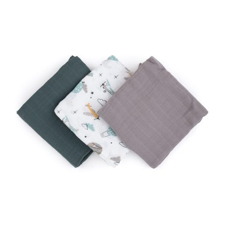 Bambusz muszlin 3db-os pelenka 68 x 68 cm - Moussy Grey Planes