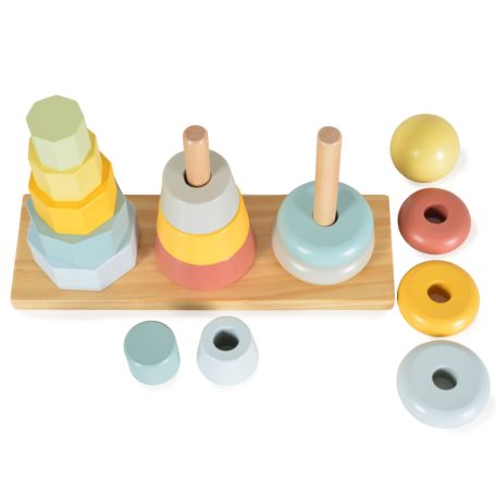 Tooky Toy Fa játék toronyépítő 3 dbos szett Montessori Pasztell