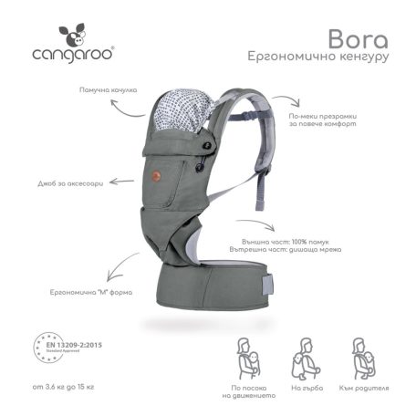 Cangaroo Bora bébi hordozó/kenguru 3 poziciós 15 kg - Szürke