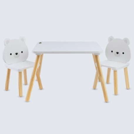 Moni FAJÁTÉK asztal+2 szék szett MACIS - fehér
