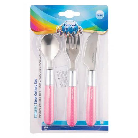Canpol fém evőeszköz kanál, villa, kés 18hó+ rózsaszín
