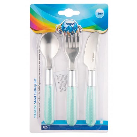 Canpol fém evőeszköz kanál, villa, kés 18hó+ zöld