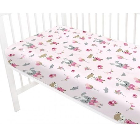 Baby Shop pamut,gumis lepedő 80*160 cm  - rózsaszín róka és nyuszi 