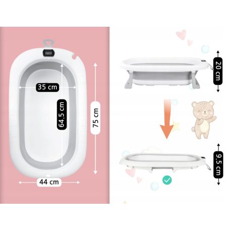 Premium Összecsukható kád hőmérővel és anatómiai támasztékkal + állvány - Szürke