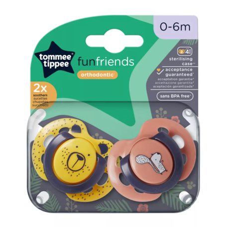 Tommee Tippee Fun Friends játszócumi 0-6 hó 2 db - barna/sárga