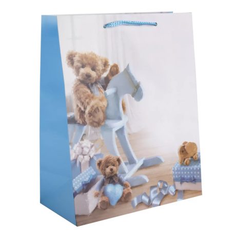 Ajándéktasak macik és kék hintaló 18x23 cm