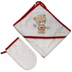   Babastar Frottir fürdőlepedő, fürdetőkesztyűvel 80*80 cm - Hello Maci Szívecskével