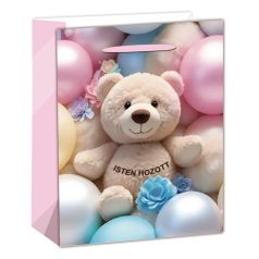   Ajándéktasak Plüss Maci lufik között, ISTEN HOZOTT felirattal 26x32 cm