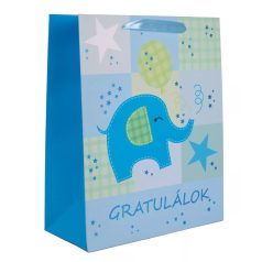 Ajándéktasak Gratulálk felirat, kék elefánt 26x32 cm