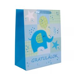Ajándéktasak Gratulálk felirat, kék elefánt 26x32 cm