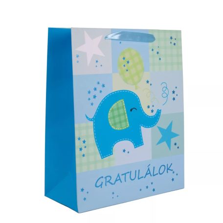Ajándéktasak Gratulálk felirat, kék elefánt 26x32 cm