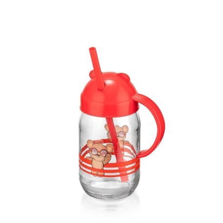 QLUX szívószálas üvegpohár 370ml - Teddy piros