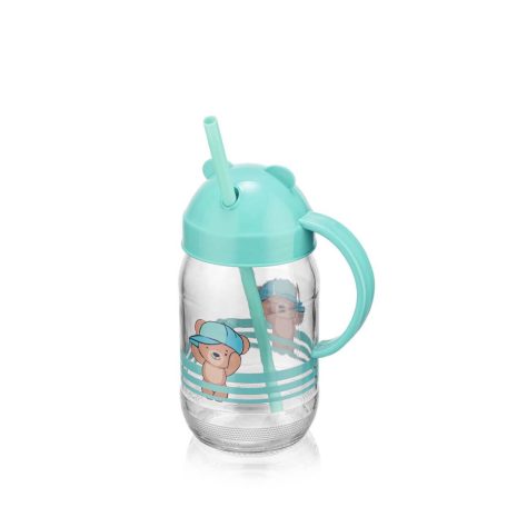 QLUX szívószálas üvegpohár 370ml - Teddy kék