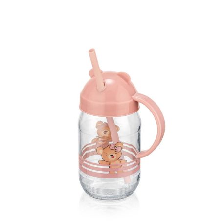 QLUX szívószálas üvegpohár 370ml - Teddy rózsaszín