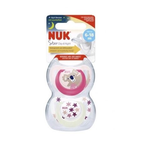NUK Star Day & Night Világító szilikon játszó és altatócumi (2 db) 6-18 hó lányos