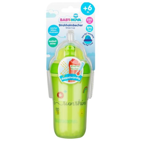 Baby-Nova duplafalú, szívószálas itatópohár 250 ml 6ho+ (zöld)