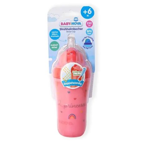 Baby-Nova duplafalú, szívószálas itatópohár 250 ml 6ho+ (rózsaszín)
