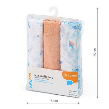 BabyOno 3 db-os színes,mintás textil pelenka - barack/kék