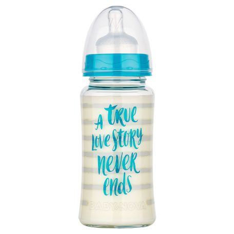 Baby-Nova üveg cumisüveg széles nyakú 230 ml 0-24hó szilikon cumival M-es - kék