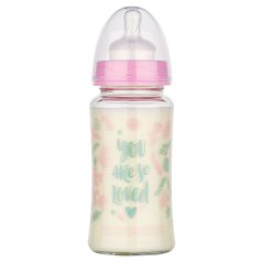   Baby-Nova üveg cumisüveg széles nyakú 230 ml 0-24hó szilikon cumival M-es - rózsaszín