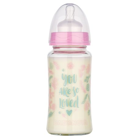 Baby-Nova üveg cumisüveg széles nyakú 230 ml 0-24hó szilikon cumival M-es - rózsaszín