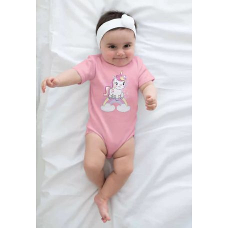 Rövid ujjú baba body - púderrózsaszín unikornis (50)