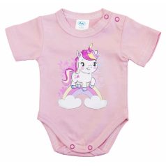 Rövid ujjú baba body - púderrózsaszín unikornis (56)