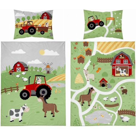 Bambusz ágynemű huzat 90*120 cm - Zöld farm piros traktorral 