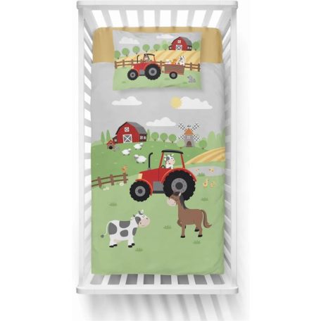 Bambusz ágynemű huzat 90*120 cm - Zöld farm piros traktorral 