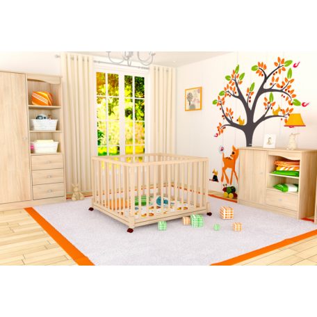 Timba II. 102*102cm-es emelhető, görgős fa járóka - borostyán