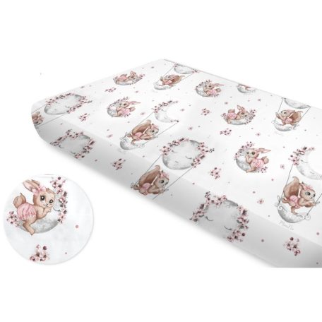 Baby Shop 60*120 cm pamut,gumis lepedő - Holdas nyuszi rózsaszín