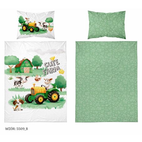 Pamut ágynemű huzat 90*120 cm - Cute Farm zöld traktorral 