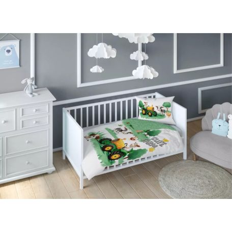 Pamut ágynemű huzat 100*135 cm - Cute Farm zöld traktorral