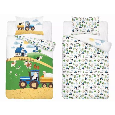 Pamut ágynemű huzat 90*120 cm - Napos farm kék traktorral