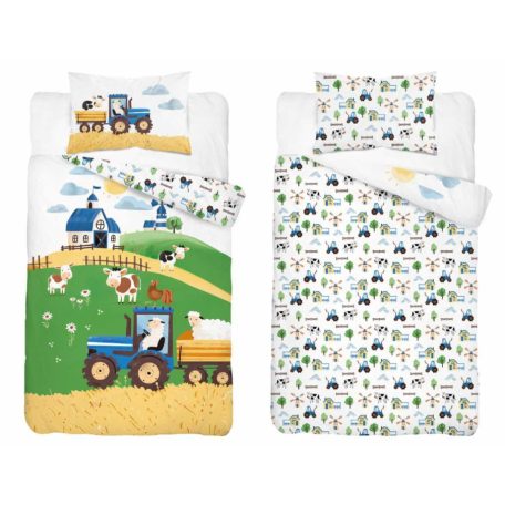 Pamut ágynemű huzat 100*135 cm - Napos farm kék traktorral