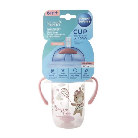 Canpol Cseppmentes szívószálas itatópohár nehezékkel 270 ml (6h+) - Cica