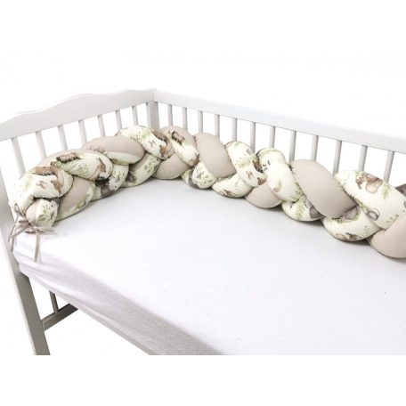 Baby Shop prémium fonott fejvédő kiságyba 250cm - Erdei barátok natúr/zöld 
