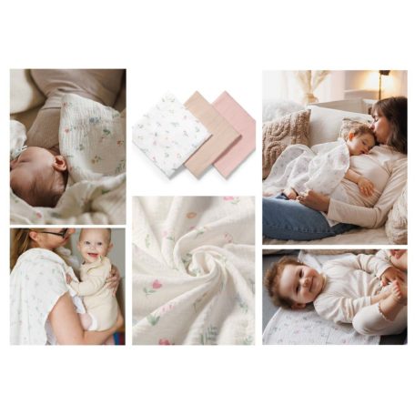 BabyOno Extra puha textil pelenka  3 db gyűrt muszlin - puderrózsaszín