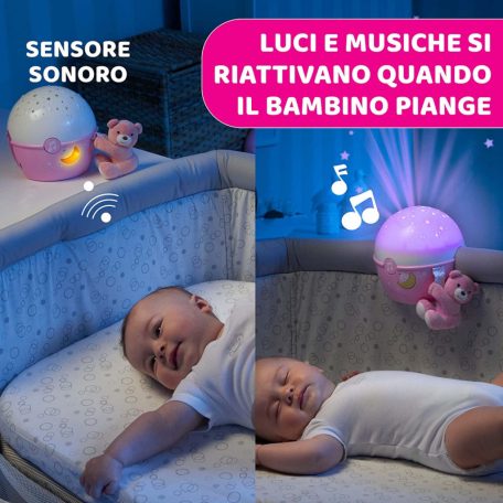 Chicco NEXT2 STARS babaágyra rögzíthető projektor plüss macival - rózsaszín